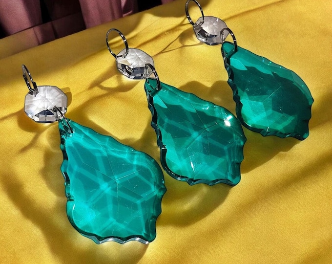 Peacock Green Chandelier Drops Glass Crystals Droplets Leaf Beads Prisms Christmas Tree Wedding Decoration Replacement Lamp Light Parts Deco