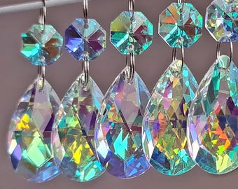 Teardrop Aurora Borealis AB Chandelier Glass Crystals Droplets 1.5" Oval Prisms Beads Christmas Tree Wedding Iridescent Light Lamp Parts