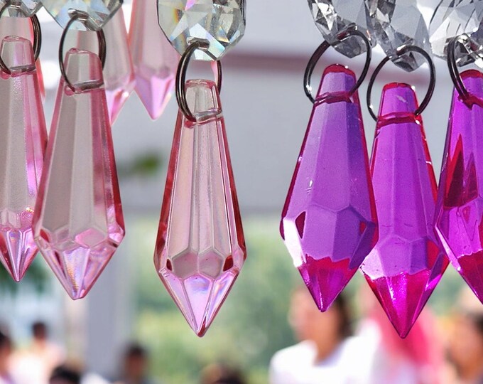 Rose OR Hot Pink Chandelier Drops Glass Crystals Shabby Droplets Chic Torpedo Icicle Beads Vintage Christmas Tree Wedding Decorations Crafts