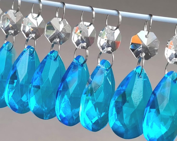 Teal Blue Chandelier Drops Glass Crystals Droplets Oval Beads Vintage Antique Deco Christmas Wishing Tree Wedding Decorations Rainbow Maker