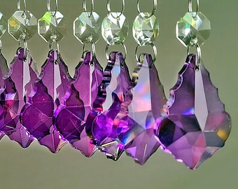 Purple Chandelier Drops Glass Crystals Droplets Leaf Beads Prisms Sun Catchers Vintage Christmas Tree Wedding Decorations Light Crafts Parts
