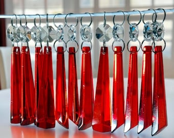 Red Sun Catchers Vintage Ruby Chandelier Crystals Droplets Icicle Beads 3" Glass Christmas Tree Wedding Decoration Light Parts Hanging Drops