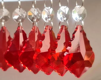 Ruby Red Chandelier Drops 2" Leaf Cut Glass Crystals Droplets Beads Vintage Christmas Tree Wedding Decorations Lamp Light Parts Sun Catchers