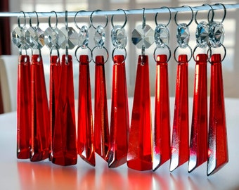 Red Sun Catchers Vintage Ruby Chandelier Crystals Droplets Icicle Beads 3" Glass Christmas Tree Wedding Decoration Light Parts Hanging Drops