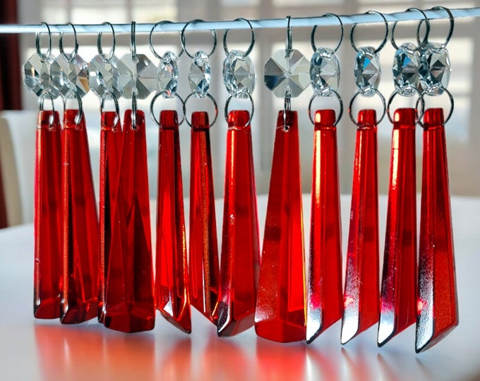 Red Sun Catchers Vintage Ruby Chandelier Crystals Droplets Icicle Beads 3" Glass Christmas Tree Wedding Decoration Light Parts Hanging Drops