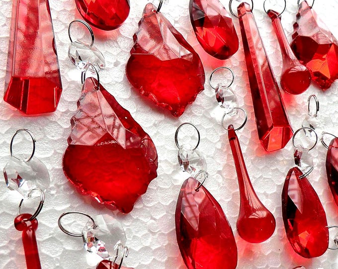 Choice of Sets of Red Art Deco Chandelier Drops Glass Crystals Droplets Vintage Christmas Tree Wedding Decorations Light Crafts Parts Beads