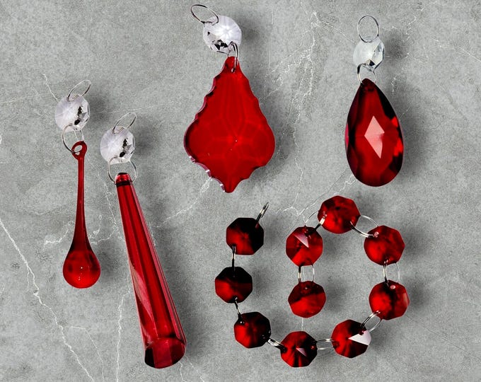 Red Chandelier Drops Glass Crystals Droplets Beads Shapes Sets Garlands Vintage Christmas Tree Wedding Decorations Light Crafts Parts Prism