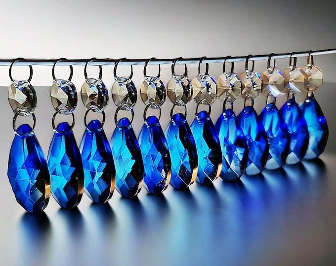 Cobalt Blue Chandelier Drops Glass Crystals Droplets Oval Sun Catcher Beads Christmas Tree Wedding Crafts Feng Shui Lamp Light Parts Deco
