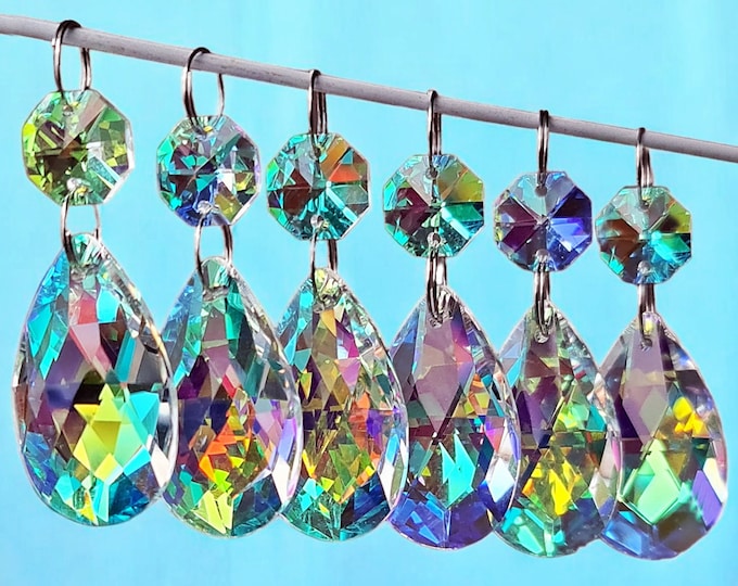 Teardrop Aurora Borealis AB Chandelier Glass Crystals Droplets 1.5" Oval Prisms Beads Christmas Tree Wedding Iridescent Light Lamp Parts