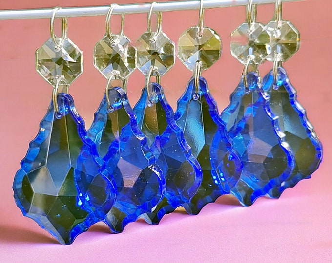 Cobalt Blue Chandelier Drops Glass Crystals Droplets Prism 2" Leaf Vintage Christmas Tree Wedding Decorations Beads Sun Catchers Lamp Parts