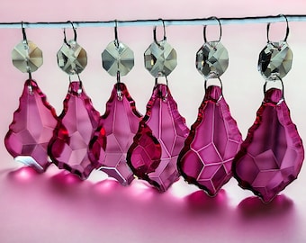 Raspberry Pink Chandelier Drops 2" Leaf Glass Crystals Droplets Pendalogue Beads Vintage Christmas Tree Wedding Decorations Craft Parts Deco