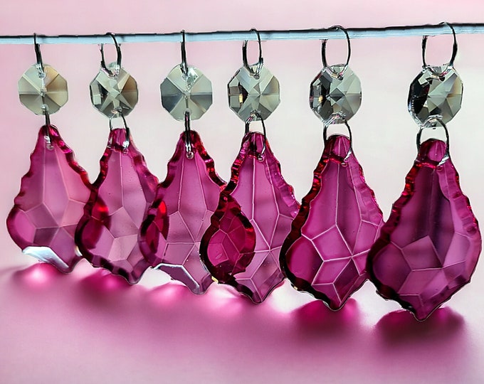 Raspberry Pink Chandelier Drops 2" Leaf Glass Crystals Droplets Pendalogue Beads Vintage Christmas Tree Wedding Decorations Craft Parts Deco