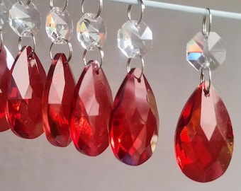 Chandelier Drops Glass Crystals Red Droplets Chic Oval Beads Prisms Vintage Christmas Tree Wedding Decorations Crafts Light Hobby Beading