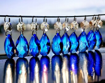 Cobalt Blue Chandelier Drops Glass Crystals Droplets Oval Sun Catcher Beads Christmas Tree Wedding Crafts Feng Shui Lamp Light Parts Deco