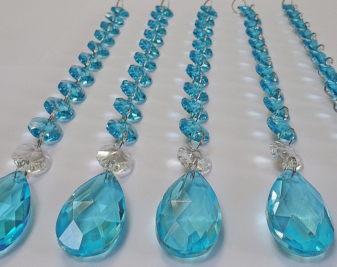 XXL Chain Vintage Aqua Teal Blue Chandelier Drops Glass Crystals Droplets Oval Prisms Christmas Tree Wedding Beads Sun Catcher Mobile Parts