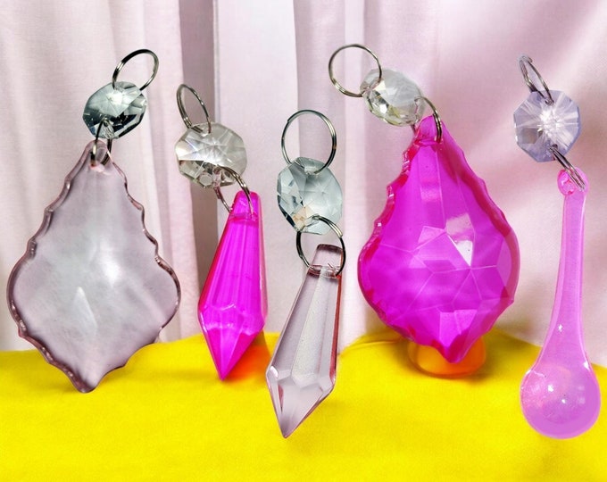 6 Types of Pink Drops 1.5" to 2" Prisms Chandelier Glass Beads Crystals Antique Wedding Christmas Crafts Light Parts Droplets Vintage Chic