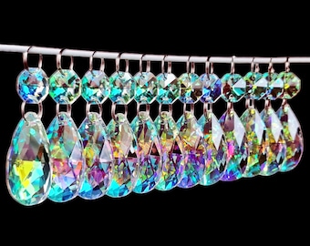 Aurora Borealis AB Chandelier Glass Crystals Teardrop 1.5" Oval Beads Christmas Tree Wedding Decorations Window Sun Catchers Light Parts