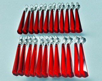 Red Chandelier Crystals Droplets Icicle Beads 3" Glass Christmas Tree Wedding or Window Decorations Retro Light Parts Prisms Sun Catchers