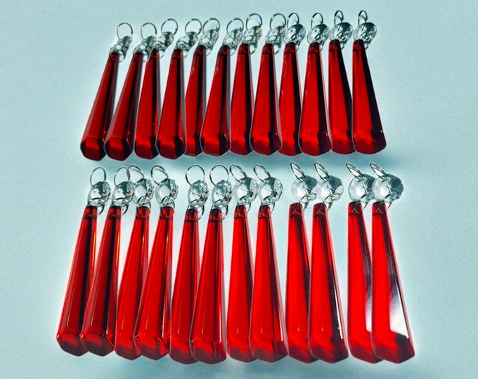 Red Chandelier Crystals Droplets Icicle Beads 3" Glass Christmas Tree Wedding or Window Decorations Retro Light Parts Prisms Sun Catchers