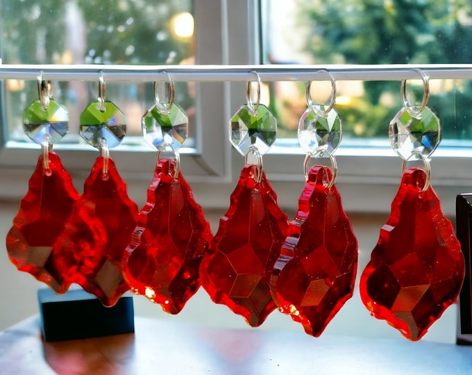 Ruby Red Chandelier Drops 2" Leaf Cut Glass Crystals Droplets Beads Vintage Christmas Tree Wedding Decorations Lamp Light Parts Sun Catchers