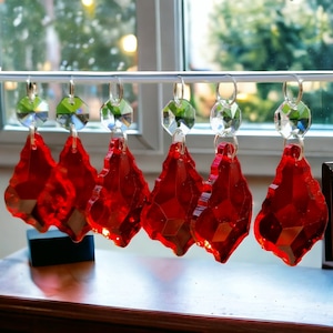 Ruby Red Chandelier Drops 2" Leaf Cut Glass Crystals Droplets Beads Vintage Christmas Tree Wedding Decorations Lamp Light Parts Sun Catchers