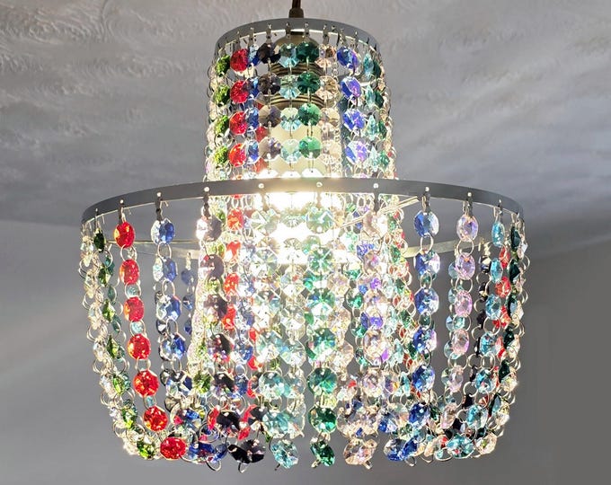 Unique 2-Tier  Multi Rainbow Crown Chandelier Pendant Light 11" x 10" Customizable Bespoke Statement Ceiling Lamp Easy Fit Hang Retro Chic