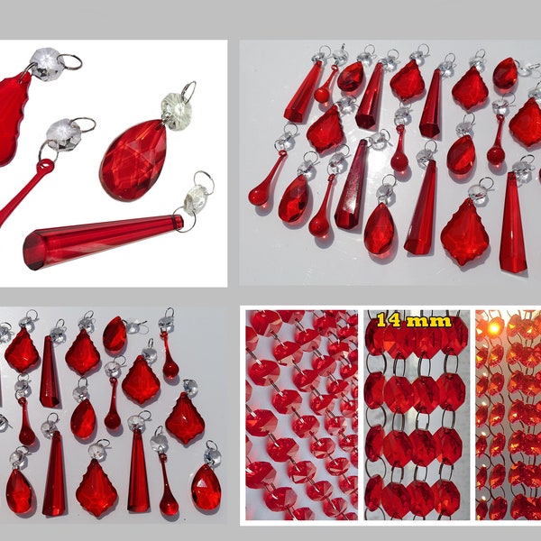 Lustre rouge gouttes cristaux de verre gouttelettes perles formes ensembles guirlandes vintage sapin de Noël décorations de mariage artisanat léger pièces prisme