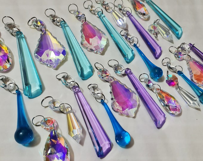 12 or 24 Aurora Borealis AB Pastel Chandelier Drops Cut Glass Crystals Droplets Beads Christmas Tree Wedding Garden Decorations Light Parts