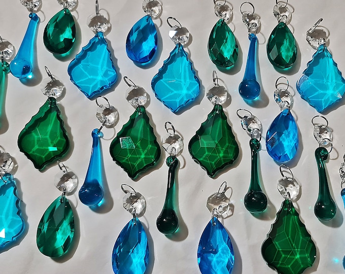 12 or 24 Peacock Green Teal Blue Chandelier Drops Glass Crystals Droplets Beads Vintage Christmas Tree Wedding Decorations Light Lamp Parts