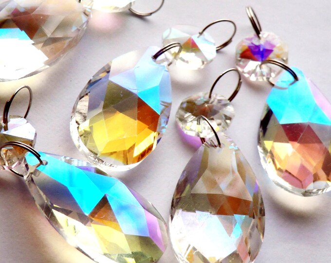 Aurora Borealis AB Chandelier Glass Crystals Teardrop 1.5" Oval Beads Christmas Tree Wedding Decorations Window Sun Catchers Light Parts