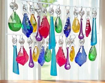 12 or 24 Multi Colour Sun Catchers Chandelier Cut Glass Crystals Rainbow Color Droplets Beads Christmas Tree Wedding Decorations Light Parts