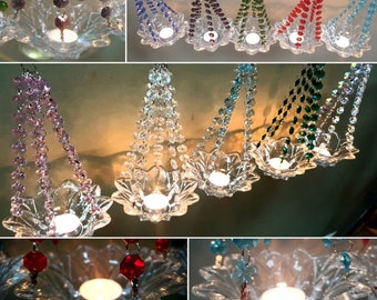 Crystal Chandelier Inspired Glass Bobeche Tea Light Pendant Hanging Candle Holder 10 Colours 11" Deep Wedding Decoration Garden Feature