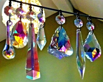 Choice of 7 Aurora Borealis AB Chandelier Vintage Cut Glass Iridescent Crystals Prisms Droplets Beads Christmas Tree Light Parts Spare Drops