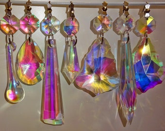 Choice of 7 Shapes Aurora Borealis AB Chandelier Drops Glass Iridescent Crystals Prisms Droplets Beads Christmas Tree Wedding Wishing Charms
