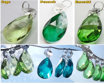 Emerald OR Peacock OR Sage Green Chandelier Drops Glass Light Parts Crystals Droplets Oval Beads Prisms Christmas Tree Wedding Decorations