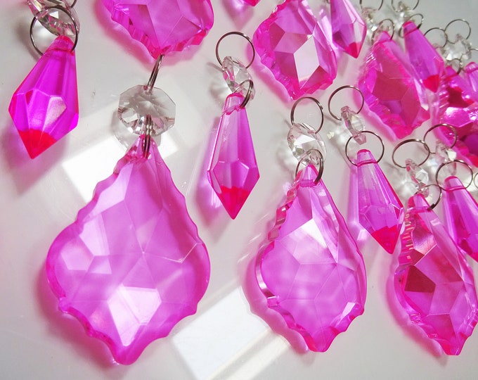 20 OR 24 Piece Bundles of Hot Pink Chandelier Drops Glass Crystals Droplets Christmas Tree Wedding Decorations Light Crafts Parts Beads