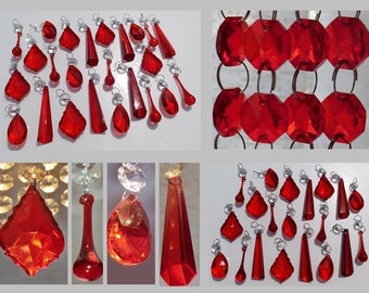 24 Claret Red Chandelier Drops Glass Crystals Droplets Mix Bundle Beads Vintage Christmas Tree Wedding Decorations Light Crafts Parts Prisms