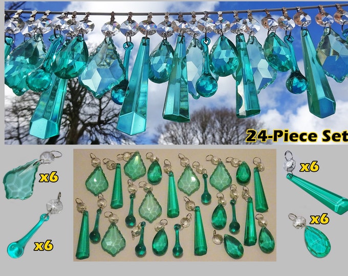 24 Chandelier Drops Glass Crystals Art Deco Aqua Marine Turquoise Beads Prisms Parts Christmas Tree Wedding Decorations Light Lamp Crafts