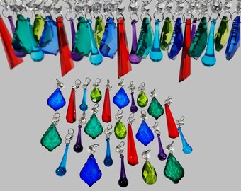 12 or 24 Antique Rich Colour Mix Chandelier Drops Glass Crystals Droplets Retro Wedding Beads Window Christmas Tree Decorations Light Parts