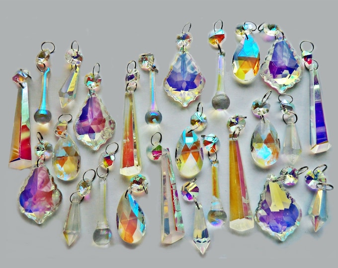 25 Aurora Borealis AB Chandelier Drops Glass Crystals Droplets Beads Christmas Tree Wedding Garden Patio Decoration Crafts Light Lamp Parts