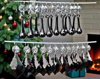 Jet Black Christmas Tree Decorations Sun Catchers 2" Leaf OR Orbs Chandelier Drops Prisms Cut Glass Crystals Droplets Prisms Beads Wedding