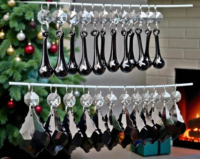 Jet Black Christmas Tree Decorations Sun Catchers 2" Leaf OR Orbs Chandelier Drops Prisms Cut Glass Crystals Droplets Prisms Beads Wedding