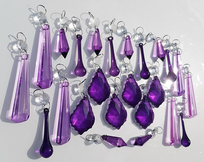 24 Victorian Purple Lilac Chandelier Drops Glass Crystals Droplets Vintage Deco Christmas Tree Wedding Decorations Light Parts Beads Prisms