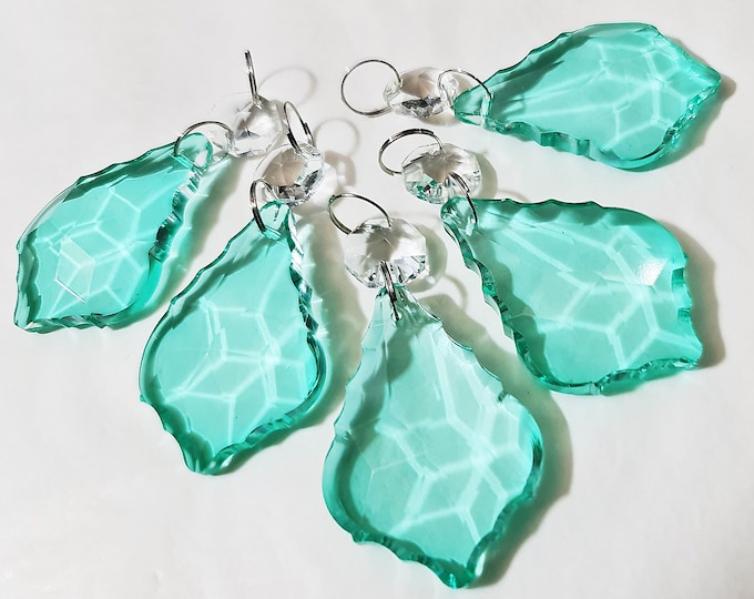 Art Deco Aqua Marine Turquoise Chandelier Drops Glass Leaf Crystals Droplets Prisms Christmas Tree Wedding Decoration Beads Craft Lamp Parts