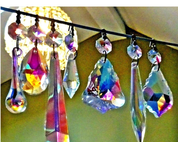 Choice of 7 Shapes Aurora Borealis AB Chandelier Drops Glass Iridescent Crystals Prisms Droplets Beads Christmas Tree Wedding Wishing Charms