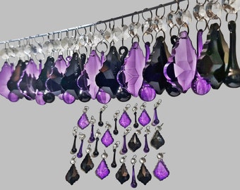 12 or 24 Gothic Purple & Black Chandelier Drops Glass Crystals Droplets Retro Wedding Beads Window Christmas Tree Decorations Light Parts