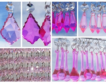 6 Types of Pink Drops 1.5" to 2" Prisms Chandelier Glass Beads Crystals Antique Wedding Christmas Crafts Light Parts Droplets Vintage Chic