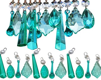 12 or 24 Light Lamp Crafts Spares Chandelier Drops Glass Crystals Deco Aqua Marine Turquoise Beads Prisms Christmas Tree Wedding Decorations