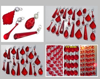 Red Chandelier Drops Glass Crystals Droplets Beads Shapes Sets Garlands Vintage Christmas Tree Wedding Decorations Light Crafts Parts Prism