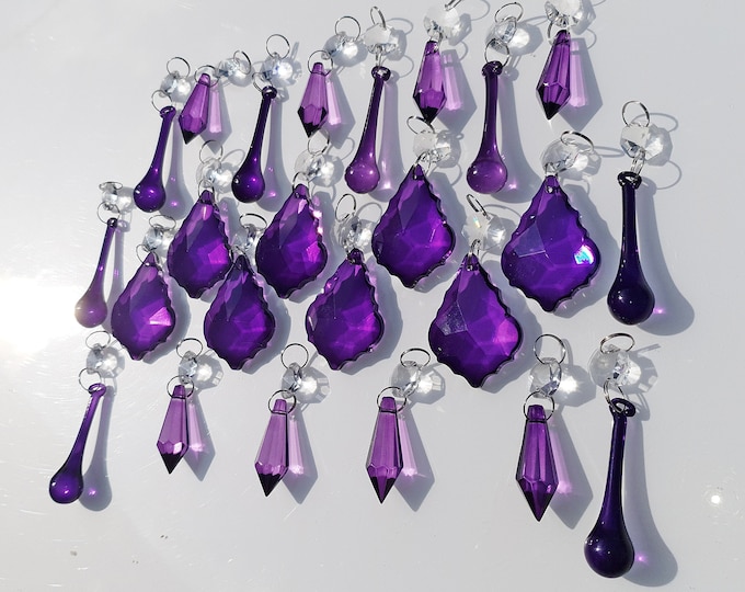 24 Antique Purple Chandelier Drops Glass Crystals Droplets Chic Vintage Christmas Tree Wedding Decorations Retro Light Crafts Beads Prisms